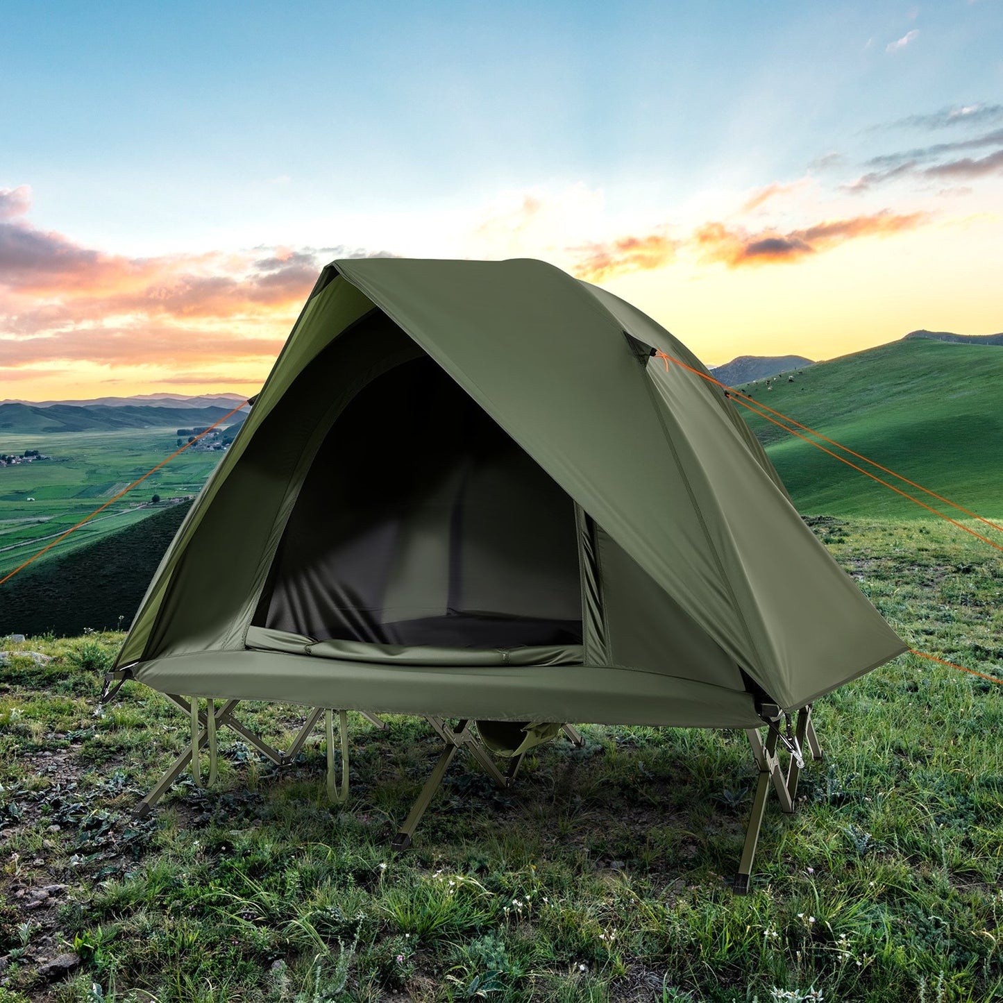 2-Person Camping Cot Tent Foldable Off-Ground Camping Combo for Adults-Grey