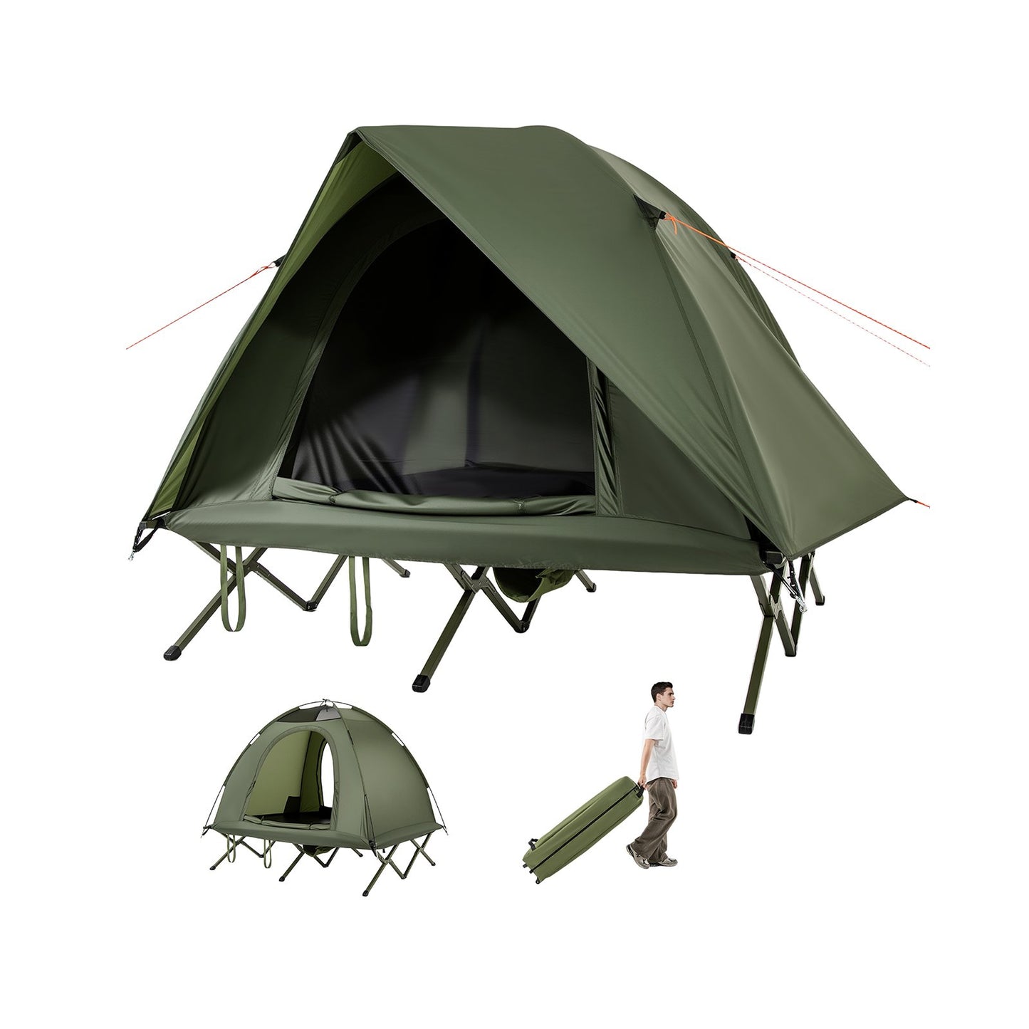 2-Person Camping Cot Tent Foldable Off-Ground Camping Combo for Adults-Grey