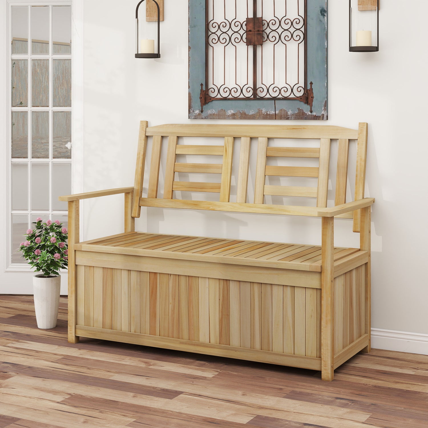 Natural wood 2-person garden bench with backrest and 49-gallon storage, outdoor patio furniture by Wilsons Home Store