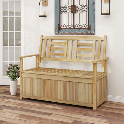 Natural wood 2-person garden bench with backrest and 49-gallon storage, outdoor patio furniture by Wilsons Home Store