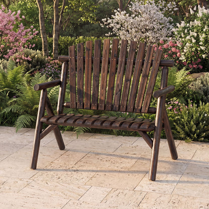 2-Person Log Wood Patio Bench with Slatted Backrest for Deck Backyard-Brown