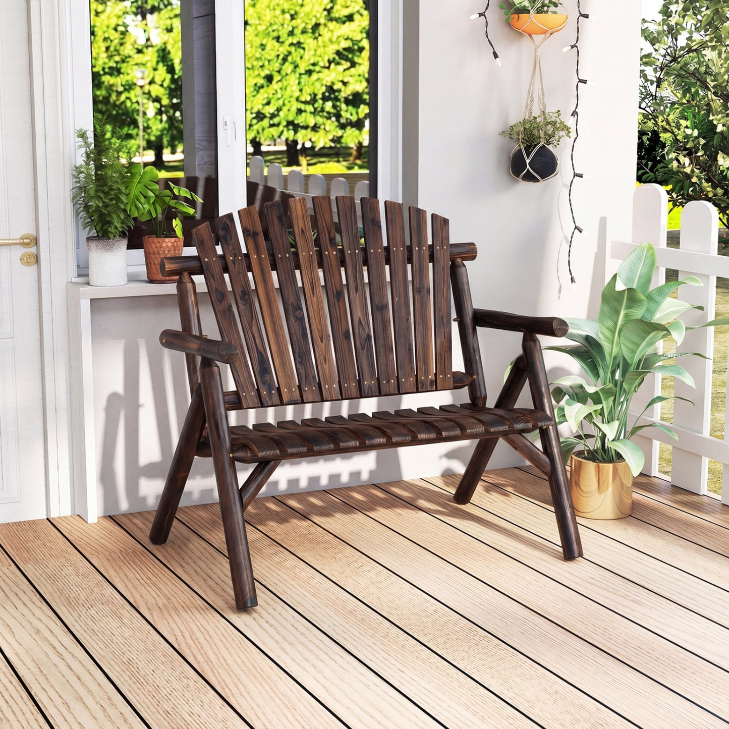 2-Person Log Wood Patio Bench with Slatted Backrest for Deck Backyard-Brown