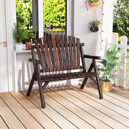 2-Person Log Wood Patio Bench with Slatted Backrest for Deck Backyard-Brown