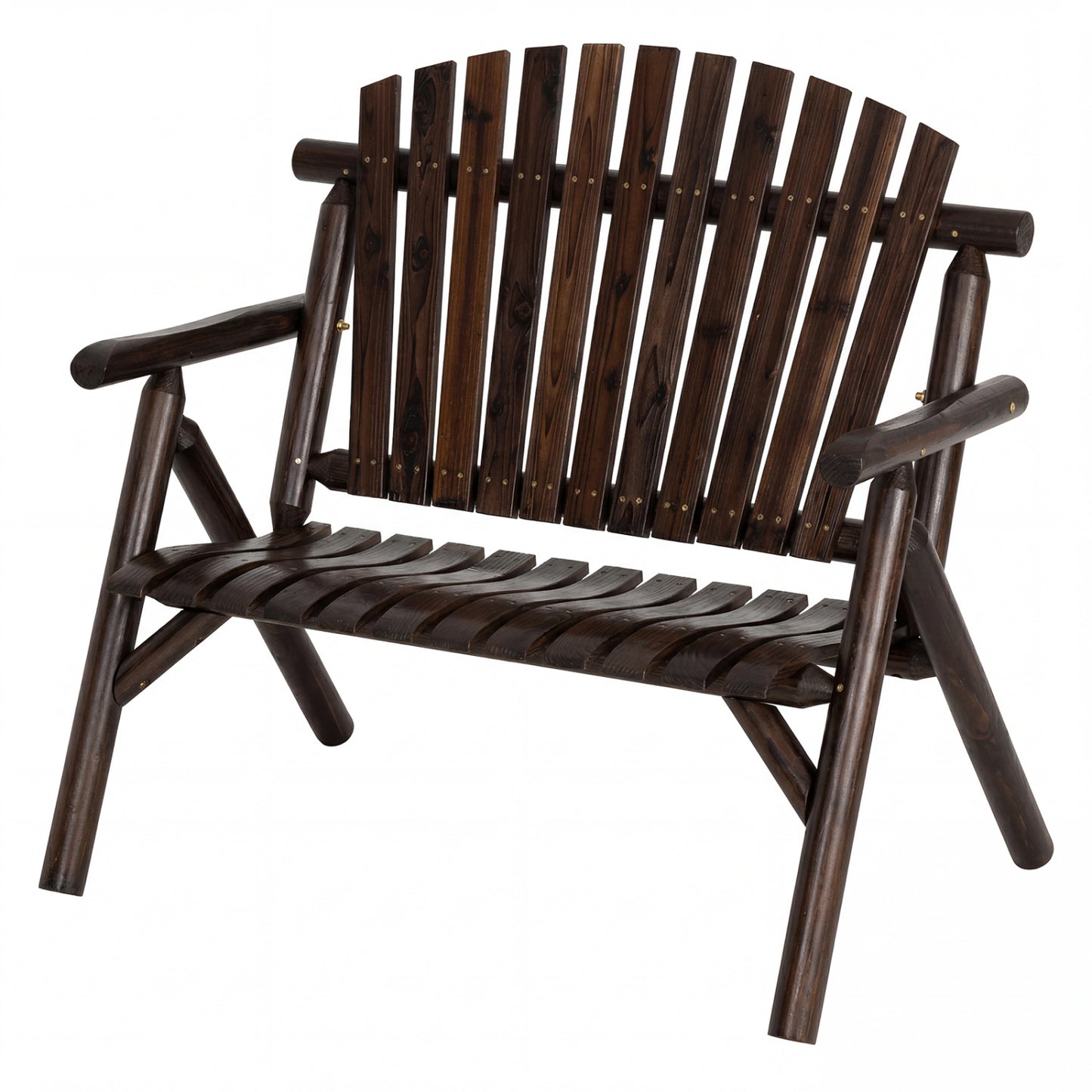2-Person Log Wood Patio Bench with Slatted Backrest for Deck Backyard-Brown