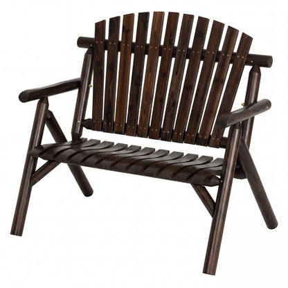 2-Person Log Wood Patio Bench with Slatted Backrest for Deck Backyard-Brown