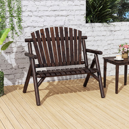 2-Person Log Wood Patio Bench with Slatted Backrest for Deck Backyard-Brown