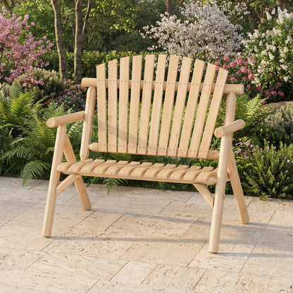 2-Person Log Wood Patio Bench with Slatted Backrest for Deck Backyard-Brown