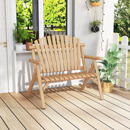 2-Person Log Wood Patio Bench with Slatted Backrest for Deck Backyard-Brown