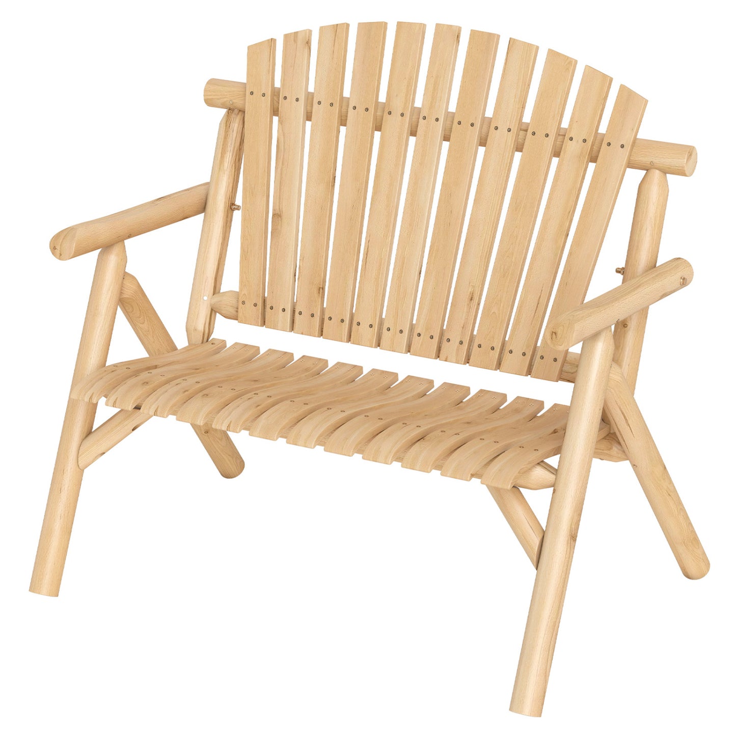 2-Person Log Wood Patio Bench with Slatted Backrest for Deck Backyard-Brown