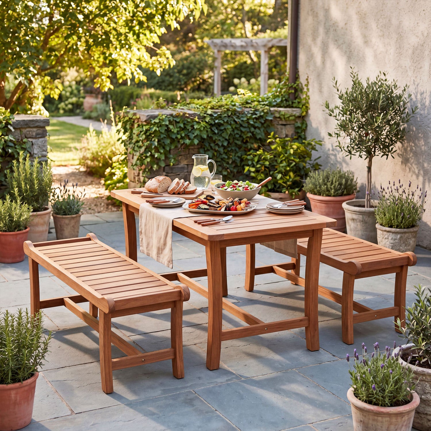 Two-person outdoor wood bench with slatted seat and raised edges, ideal for patio seating, by Direct by Wilsons Home Store