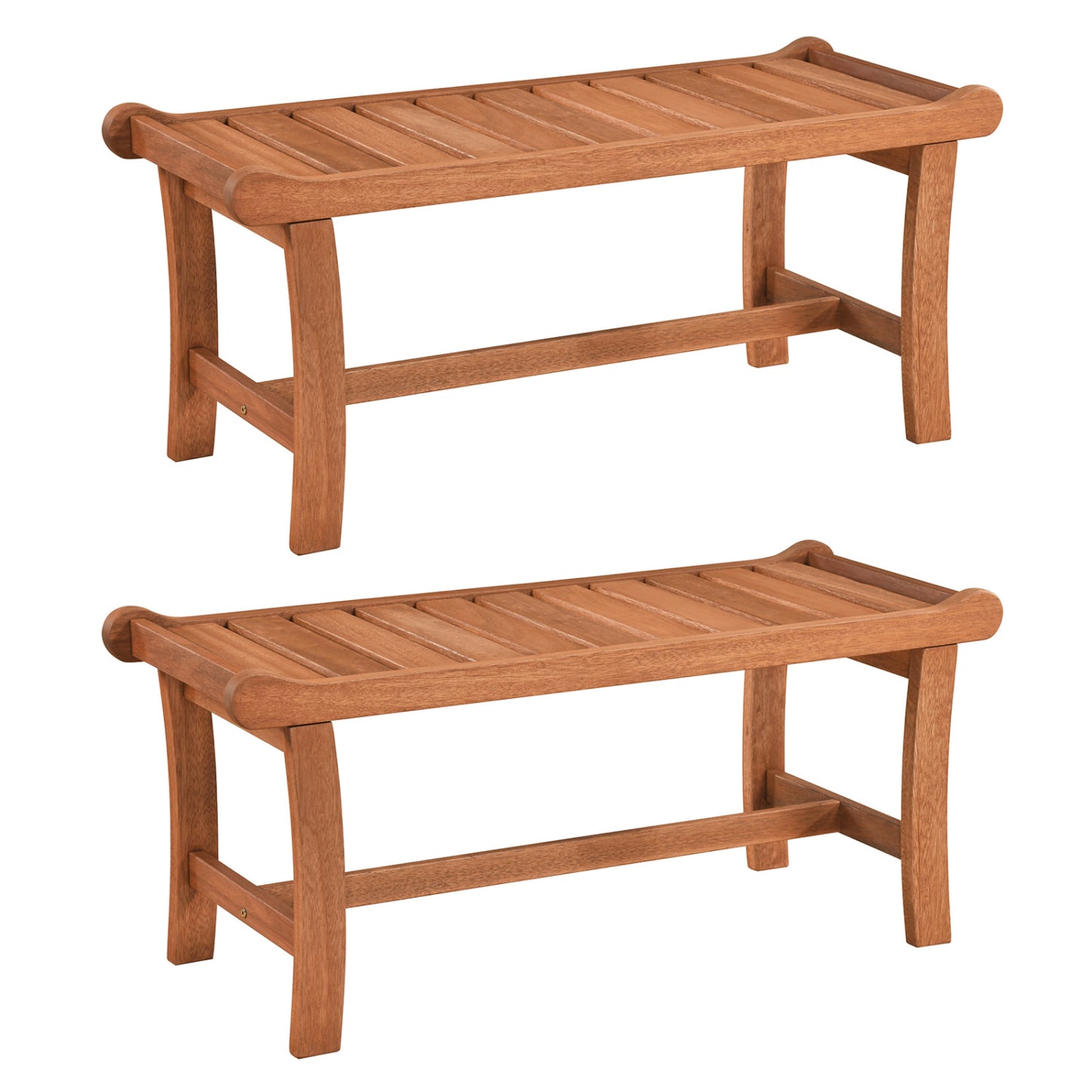 Wood outdoor bench for two with slatted seat and raised edges, perfect for patio seating, by Wilsons Home Store.