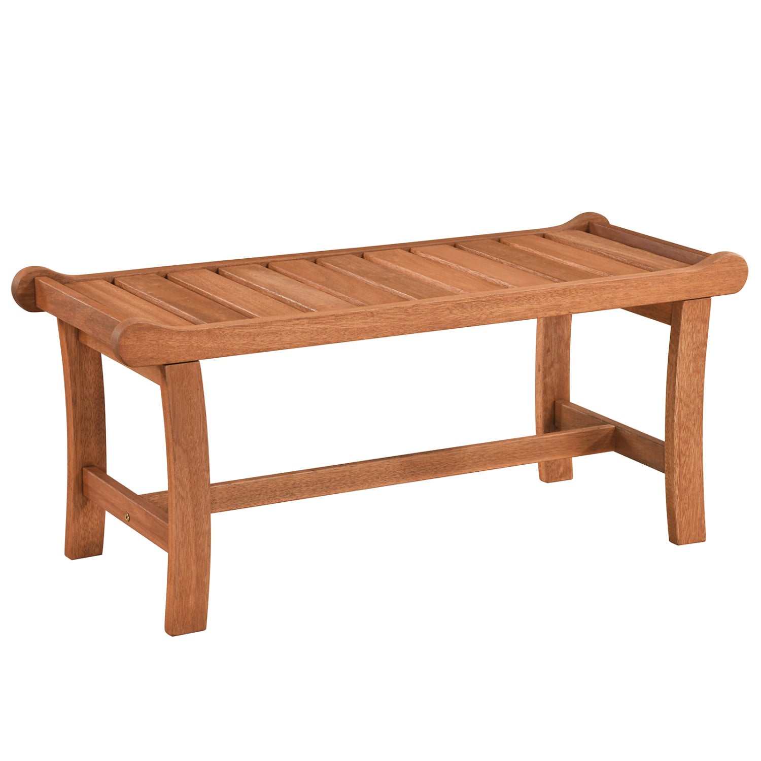 Two-person outdoor wood bench with slatted seat and raised edges, perfect for patio seating, by Wilsons Home Store.