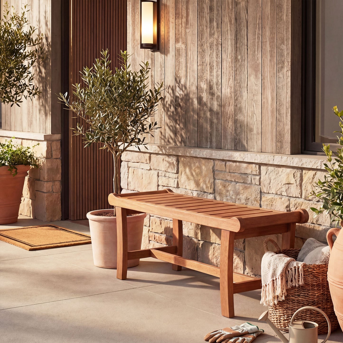 Two-person wooden outdoor bench with slatted seat and raised edges, ideal for patio seating, by Wilsons Home Store.