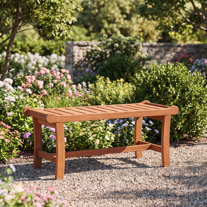 Two-person outdoor wood bench with slatted seat and raised edges, perfect for patio seating, by Direct by Wilsons Home Store