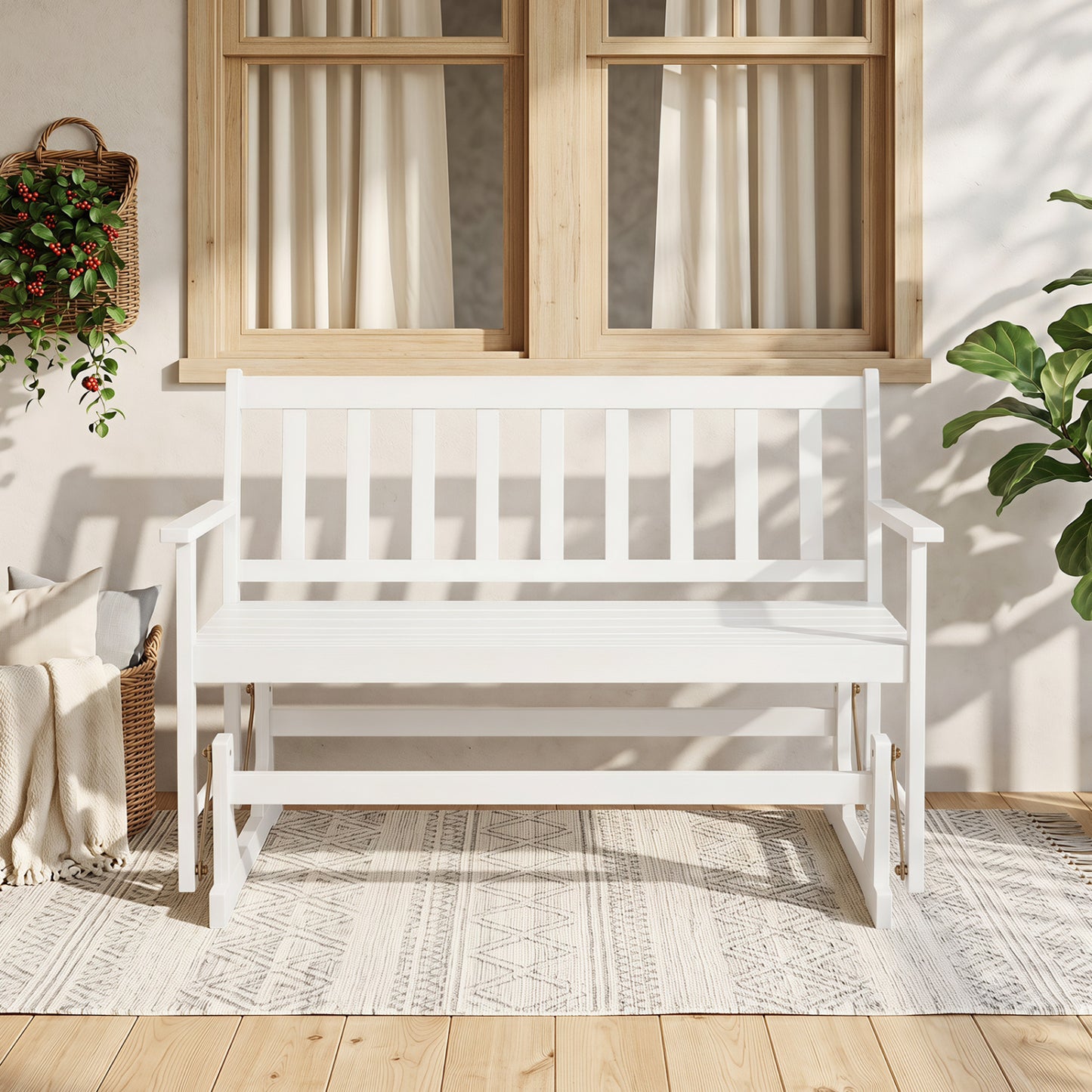 2-Person Patio Acacia Wood Glider Chair with Armrests for Porch Garden-White