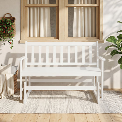 2-Person Patio Acacia Wood Glider Chair with Armrests for Porch Garden-White