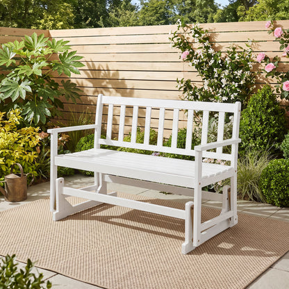 2-Person Patio Acacia Wood Glider Chair with Armrests for Porch Garden-White