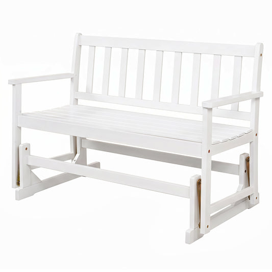 White 2-person patio acacia wood glider chair with armrests for porch or garden outdoor seating.