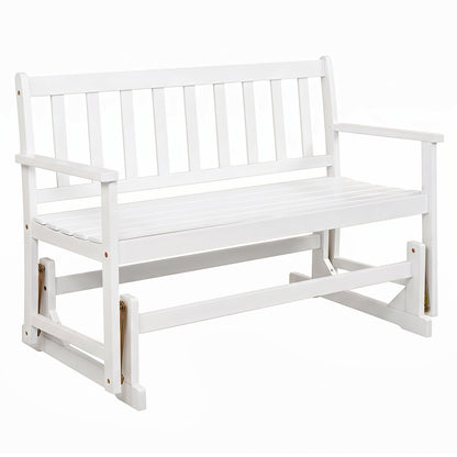 2-Person Patio Acacia Wood Glider Chair with Armrests for Porch Garden-White