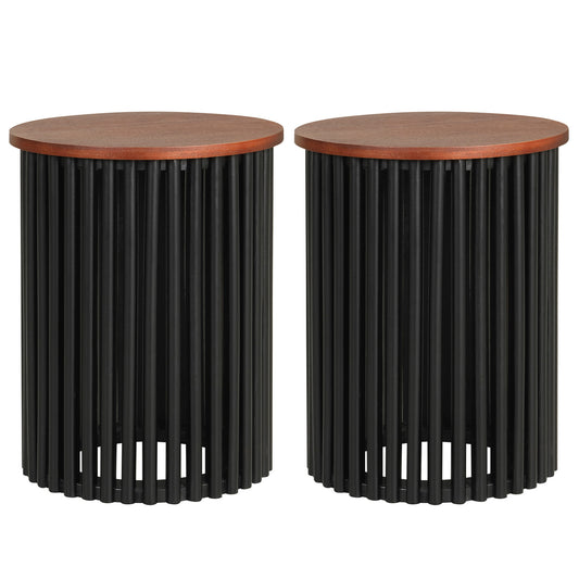 Two-piece walnut acacia wood coffee table set with round tops, ideal for living rooms and home offices.