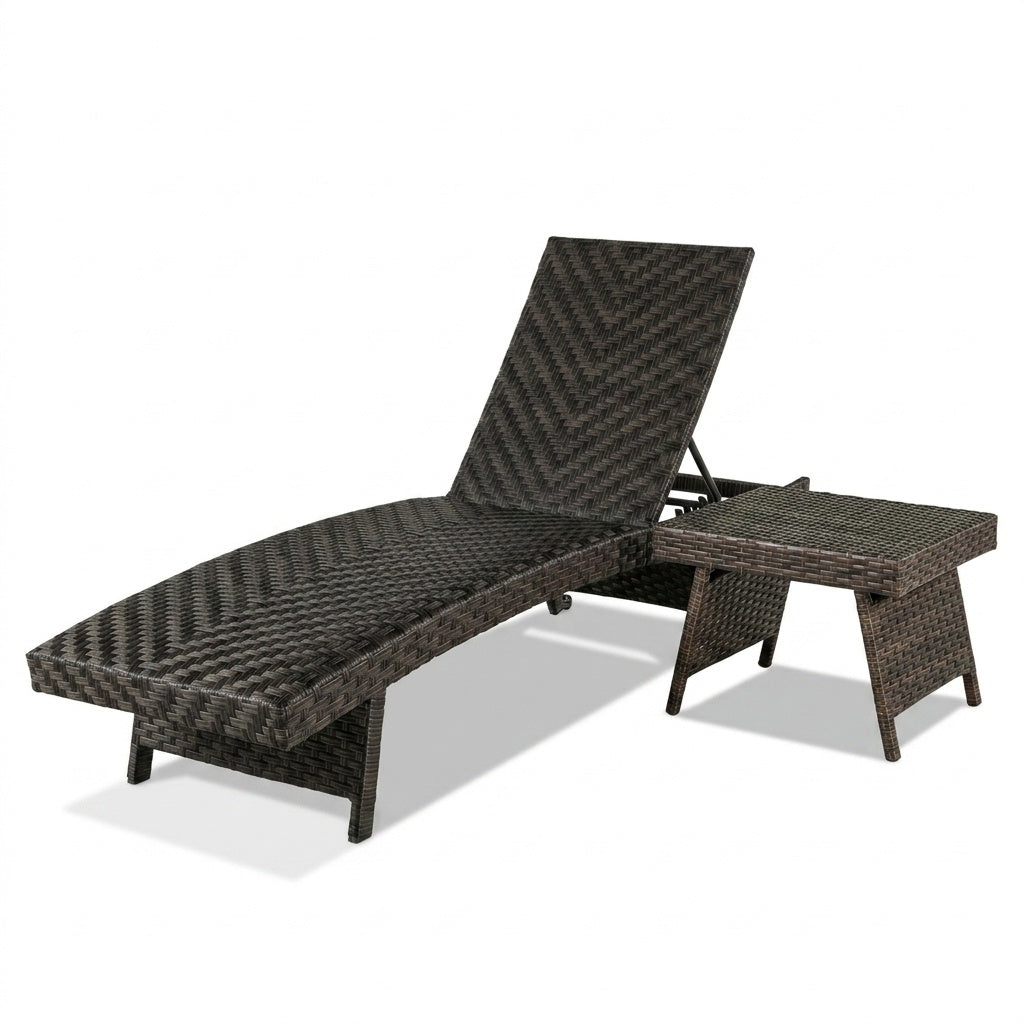 Two-piece folding padded rattan patio chaise lounge set with side table, outdoor seating by Wilsons Home Store.