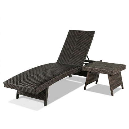 Two-piece folding padded rattan patio chaise lounge set with side table, outdoor seating by Wilsons Home Store.