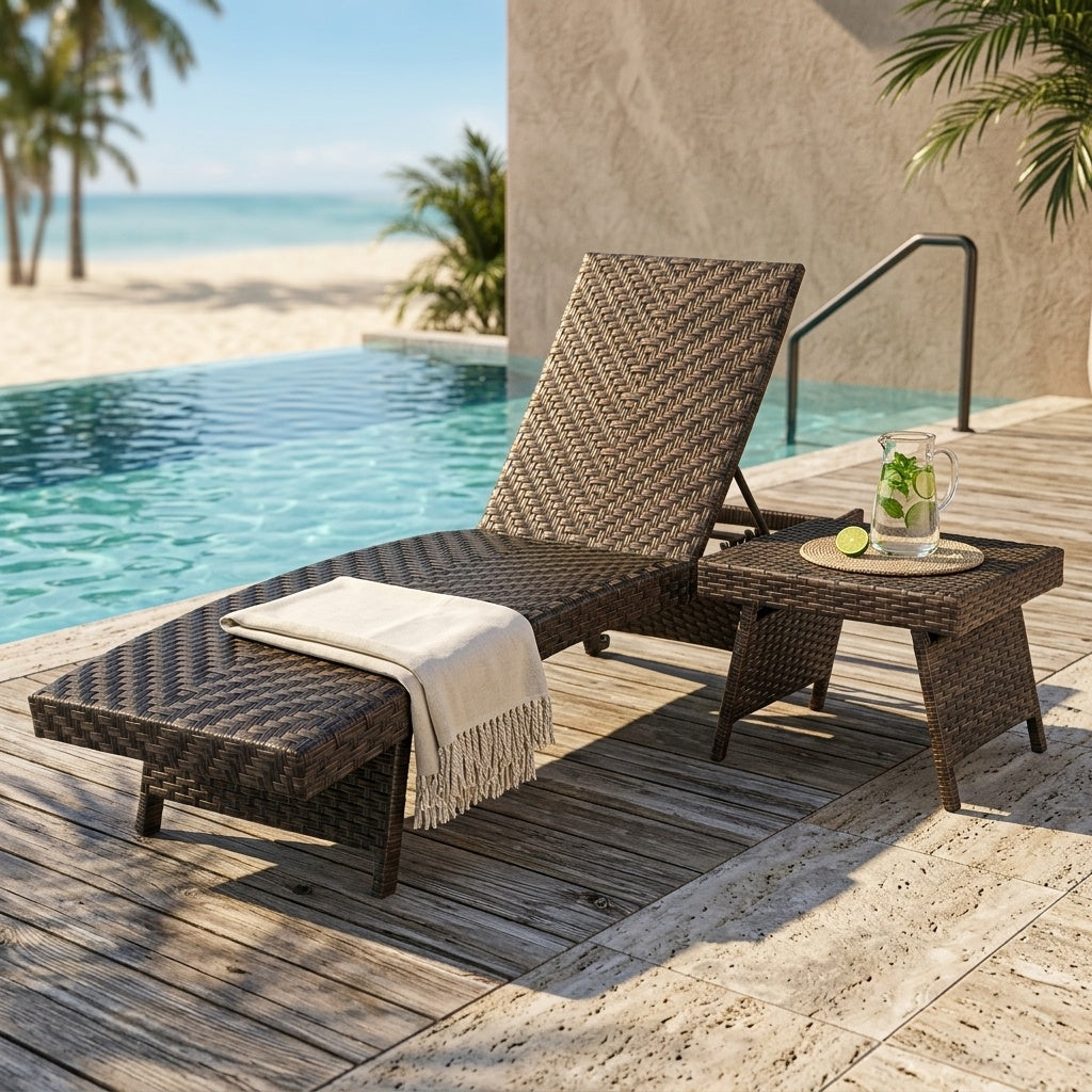 Two-piece folding padded rattan patio chaise lounge set with side table for outdoor seating, featuring cushioned lounges and a small table.