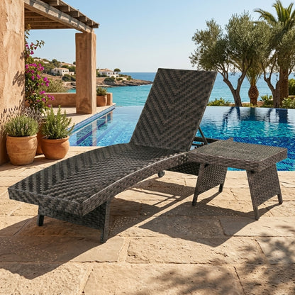 Two-piece folding padded rattan patio chaise lounge set with side table, outdoor seating from Wilsons Home Store.