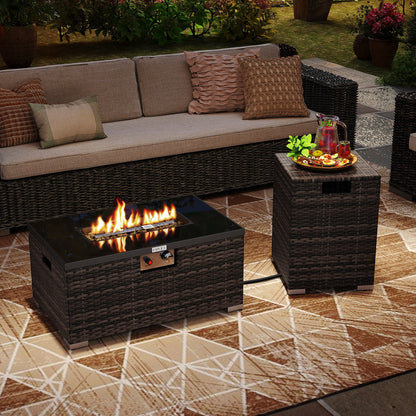 2-Piece Outdoor Rattan Fire Table Set 32 Inch Rectangle Gas Firepit with Tank Cover-Black