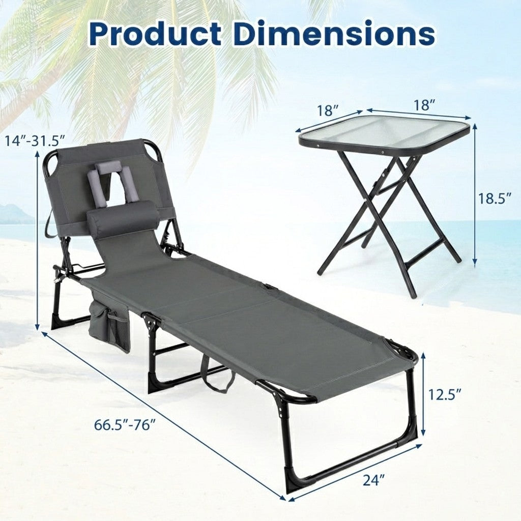 Two-piece outdoor patio set with folding lounge chair and square bistro table, perfect for outdoor seating and relaxation.
