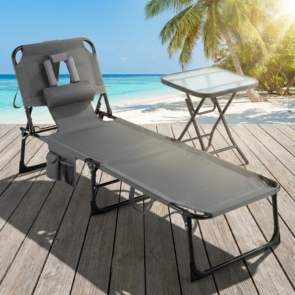 Outdoor 2-piece patio set with a folding lounge chair and square bistro table for relaxing outdoor seating by Wilsons Home Store