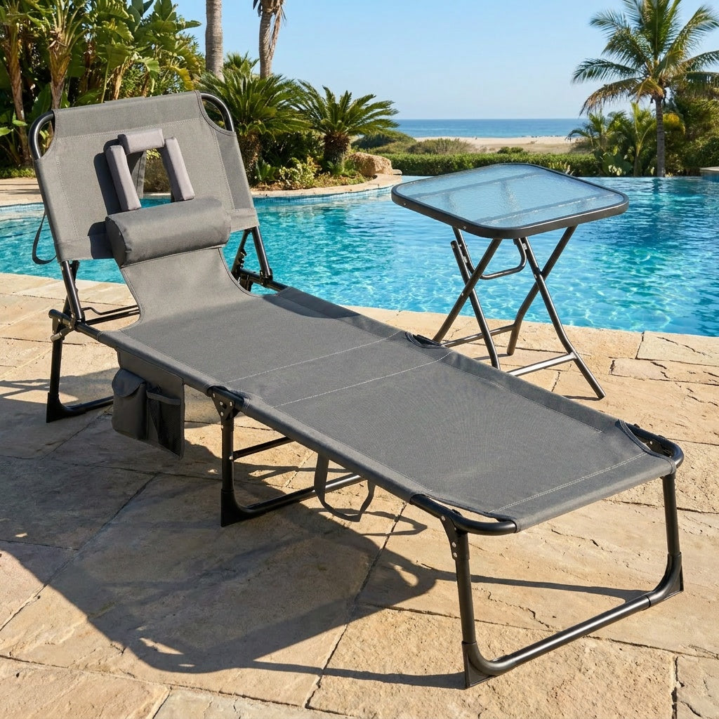 Outdoor 2-piece patio furniture set with folding lounge chair and square bistro table for relaxing outdoor seating by Wilsons Home Store