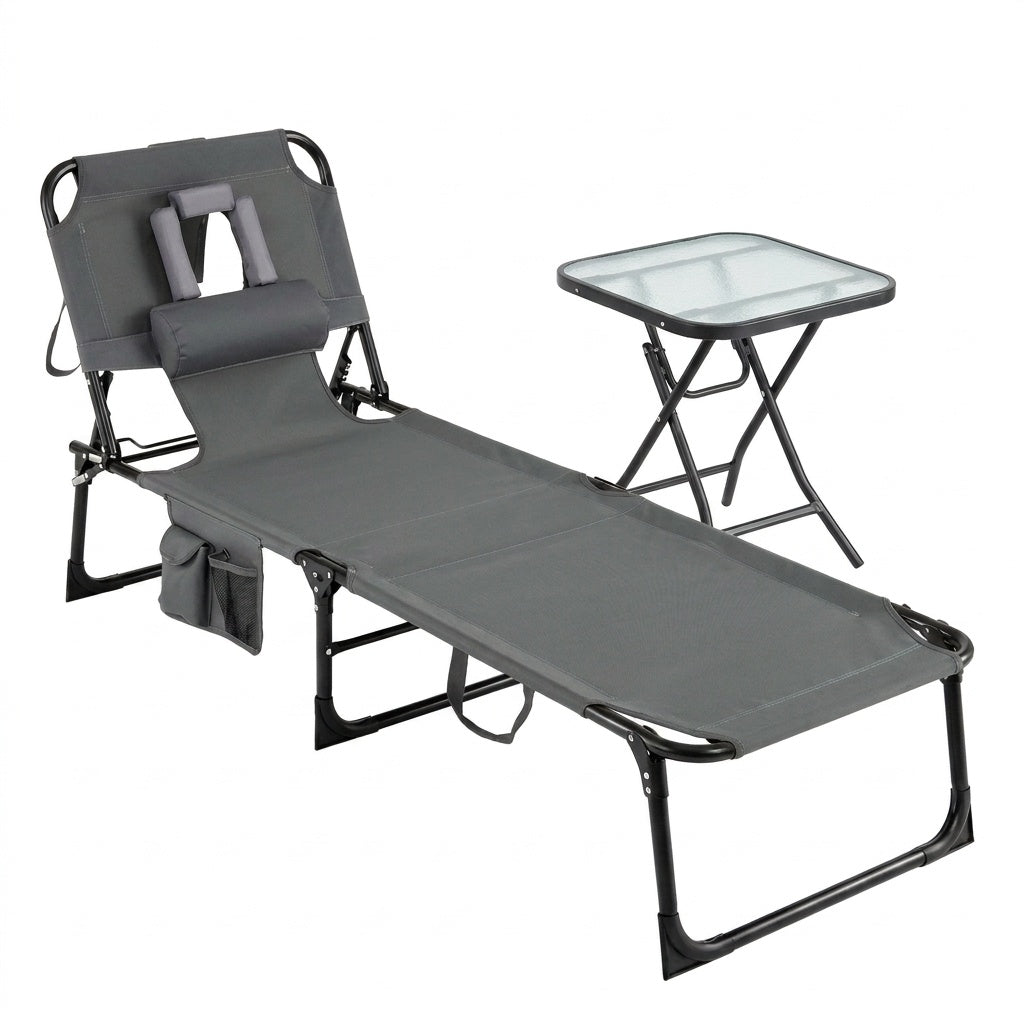 Outdoor 2-piece patio set with folding lounge chair and square bistro table, ideal for outdoor seating and relaxing in the yard.