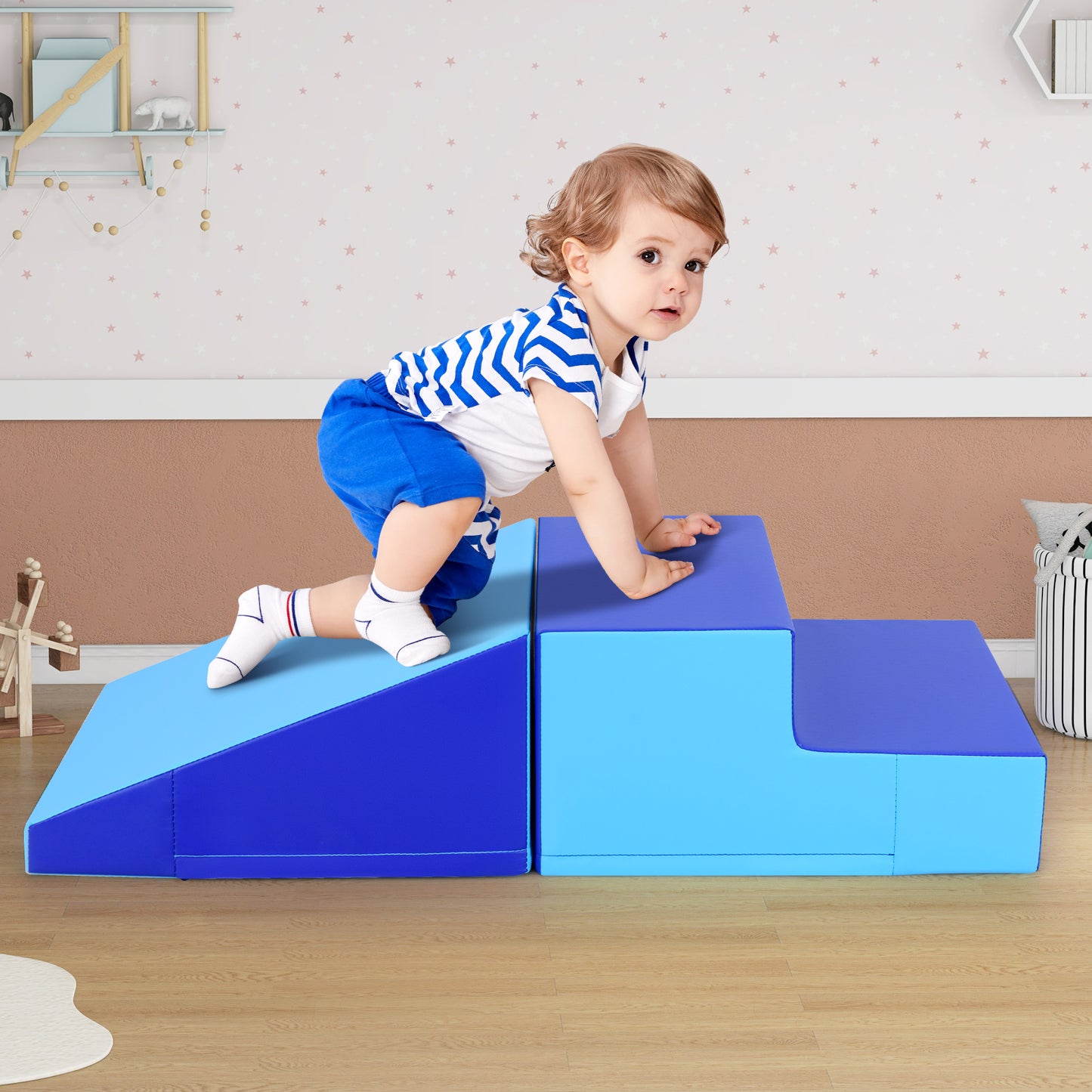 2-Piece Step and Slide Climber for Infants and Toddlers Baby Soft Play Set Foam Blocks-Blue