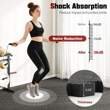 Two blue rubber top exercise mats, 0.39 inch thick, designed for foam floor tiles, ideal for home gym or workout areas.