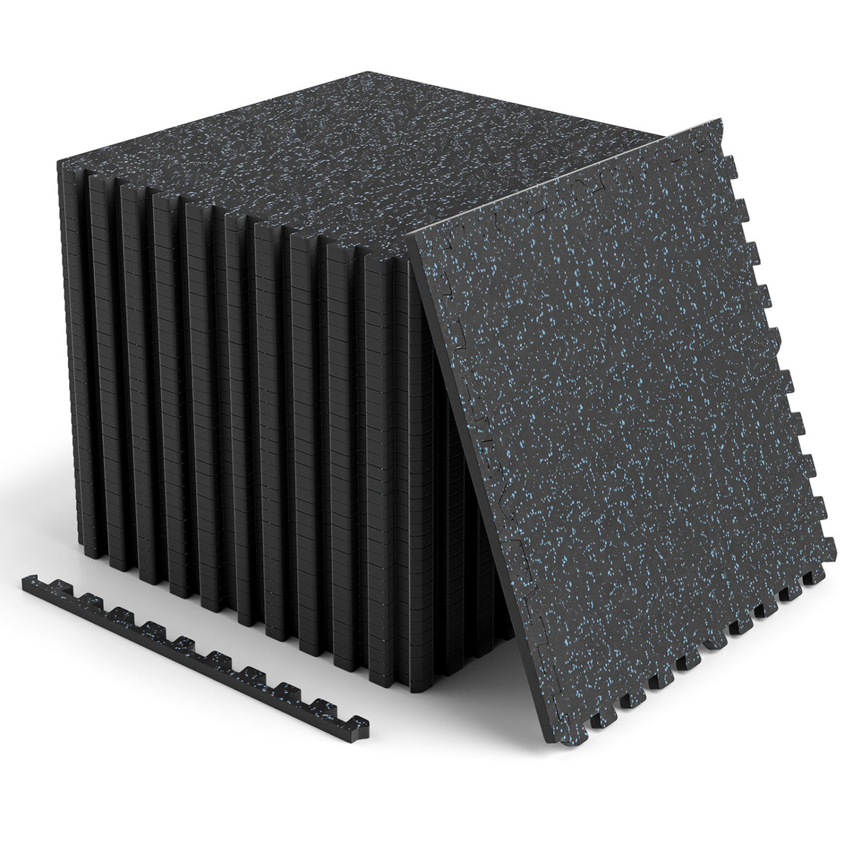 Two blue rubber top exercise mats, 0.39 inch thick, 48 sq ft total, with borders, ideal for foam floor tile decor.