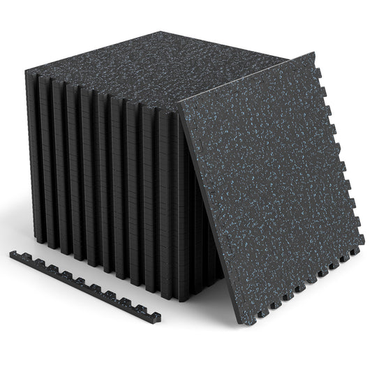 Two blue rubber top exercise mats, 0.39 inch thick, 48 sq ft total, with borders, ideal for foam floor tile decor.