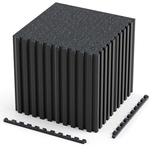 Two blue rubber top exercise mats, 0.39 inch thick, with borders, covering 140 sq ft, from Wilsons Home Store.