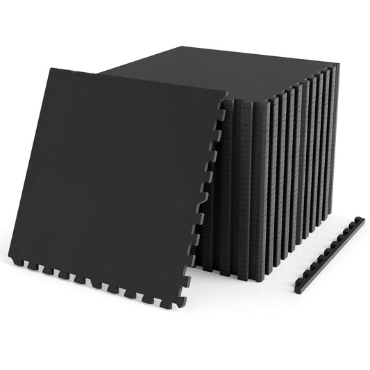 Two black rubber top exercise mats, 0.55 inch thick, with borders, designed for foam floor tiles in home gym or decor setup.