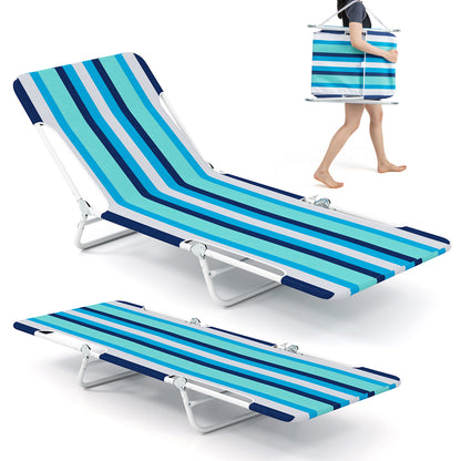 2 Pieces 5-position Lay Flat Beach Recliner with Carry Strap and Metal Frame-Blue