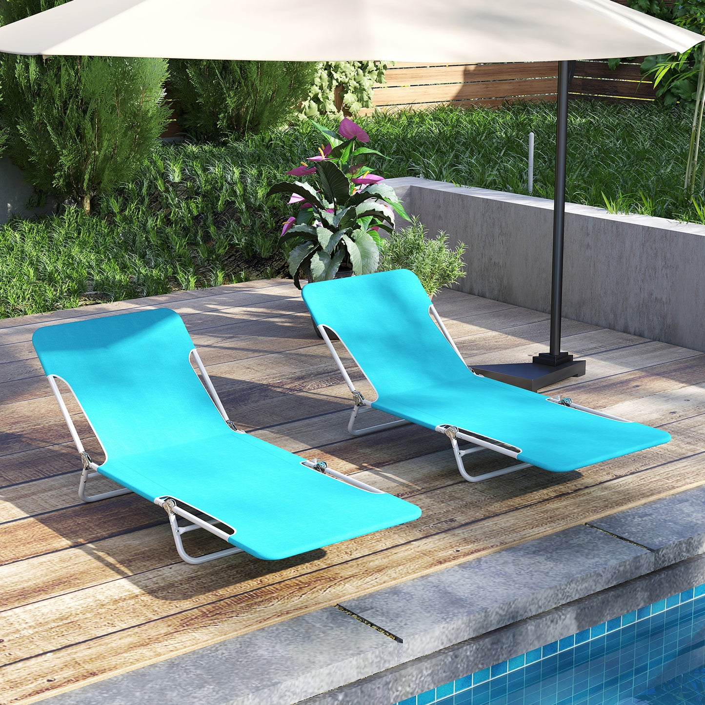 2 Pieces 5-position Lay Flat Beach Recliner with Carry Strap and Metal Frame-Blue