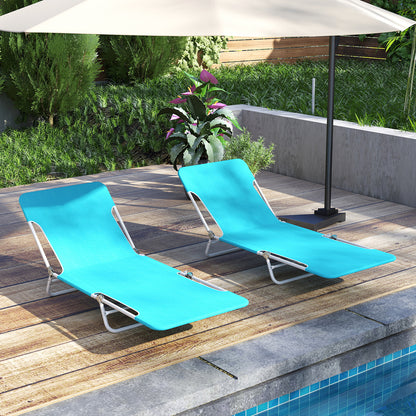 2 Pieces 5-position Lay Flat Beach Recliner with Carry Strap and Metal Frame-Blue