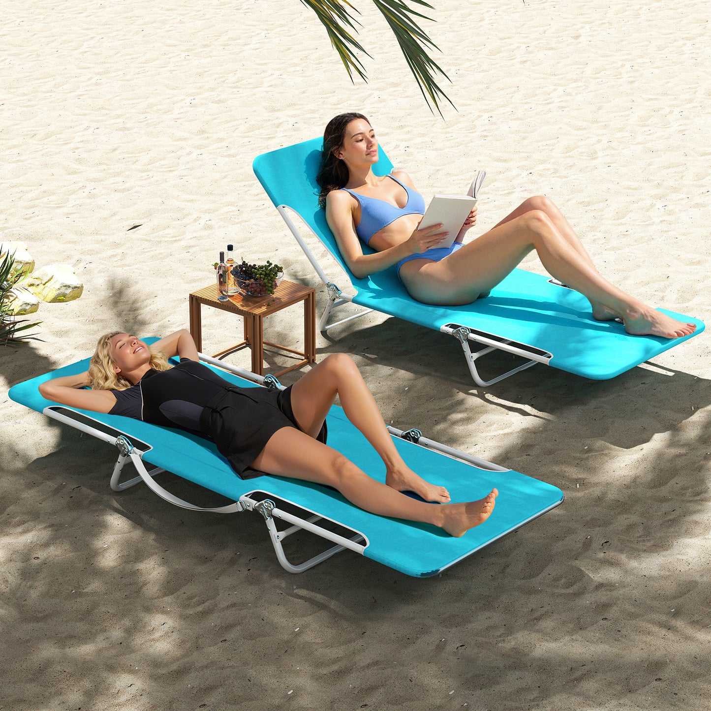 2 Pieces 5-position Lay Flat Beach Recliner with Carry Strap and Metal Frame-Blue