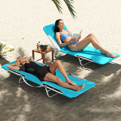 2 Pieces 5-position Lay Flat Beach Recliner with Carry Strap and Metal Frame-Blue