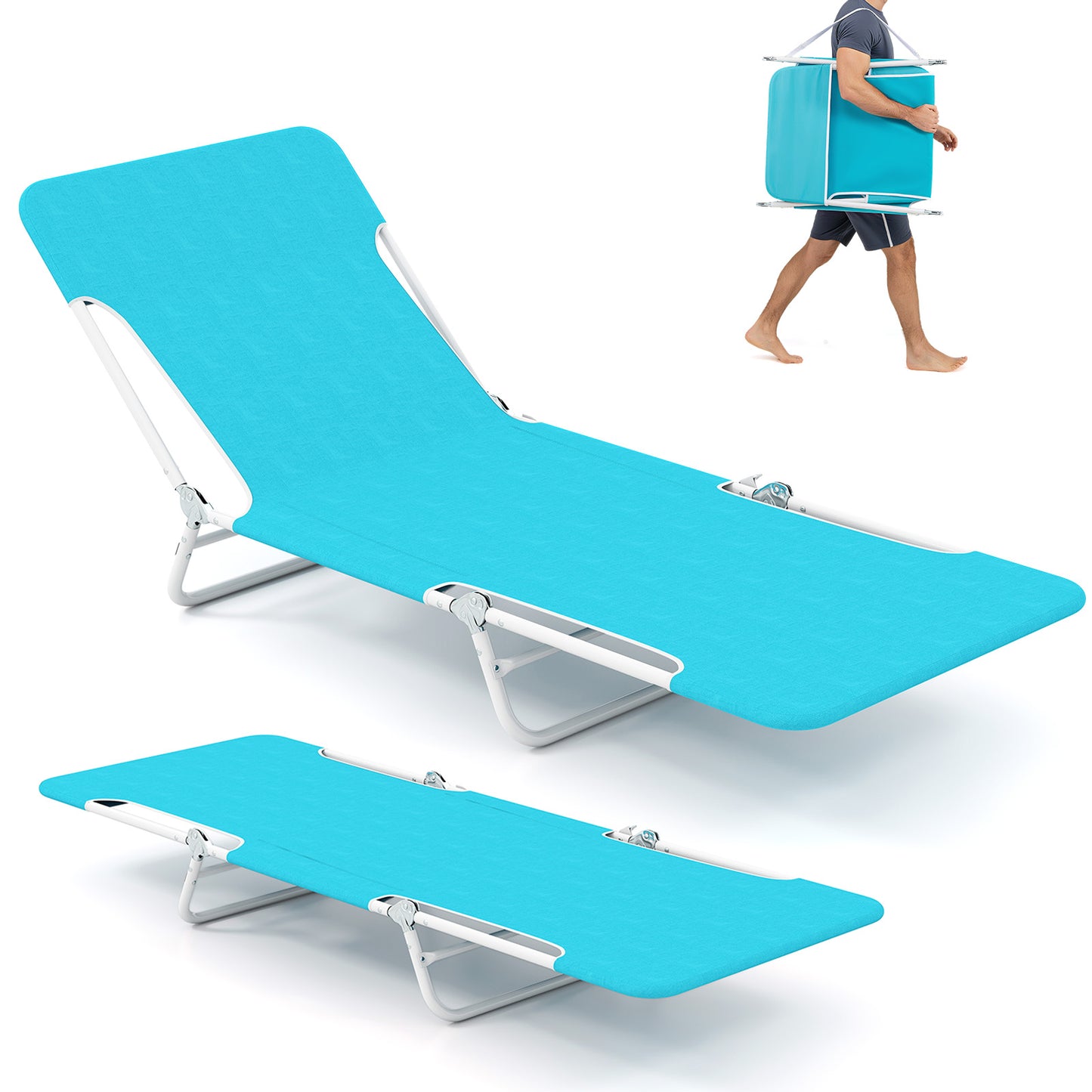 2 Pieces 5-position Lay Flat Beach Recliner with Carry Strap and Metal Frame-Blue
