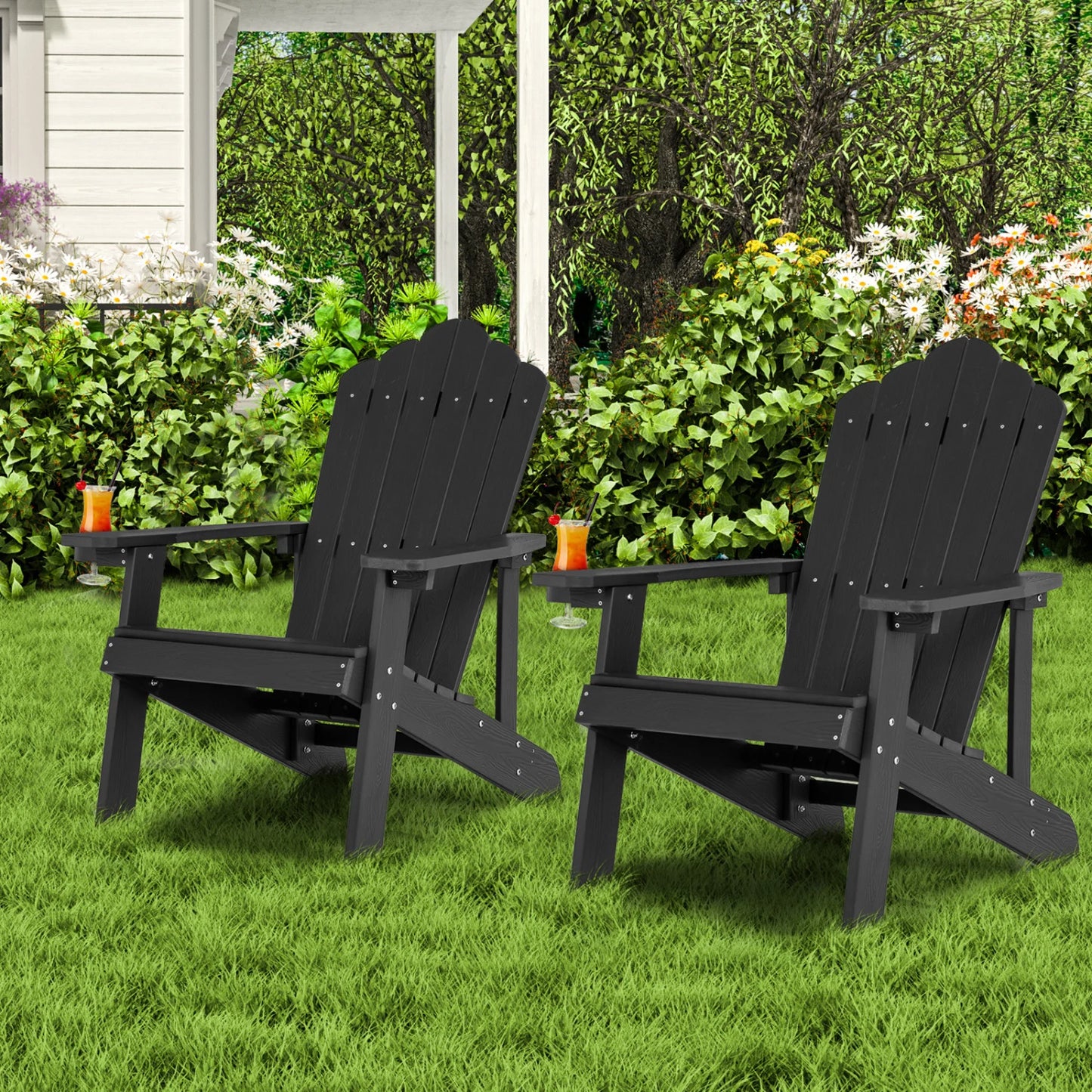 Two black Adirondack chairs with ergonomic design, outdoor patio seating set for porch or backyard relaxation.