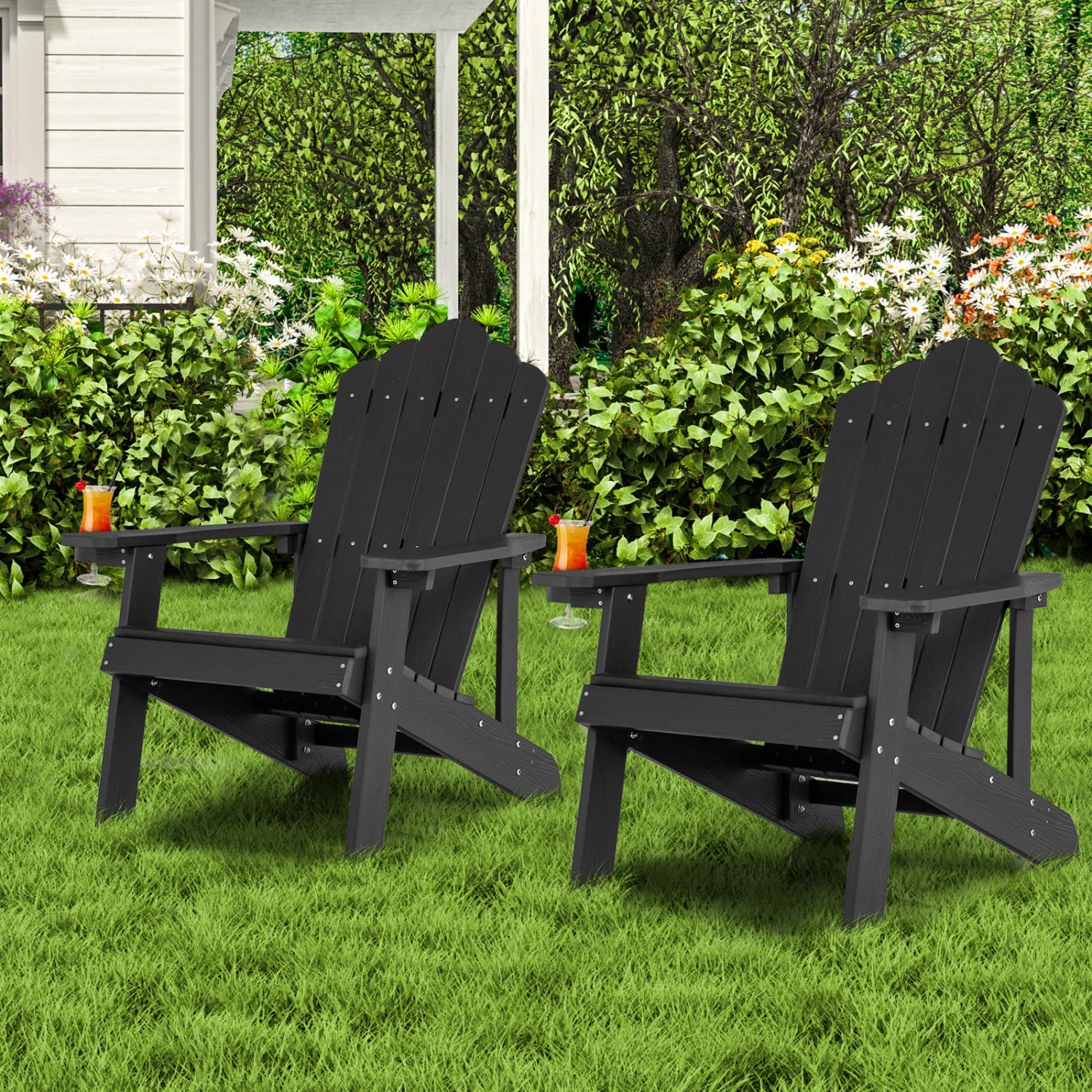 Two black Adirondack chairs with ergonomic design, outdoor patio seating set for porch or backyard relaxation.