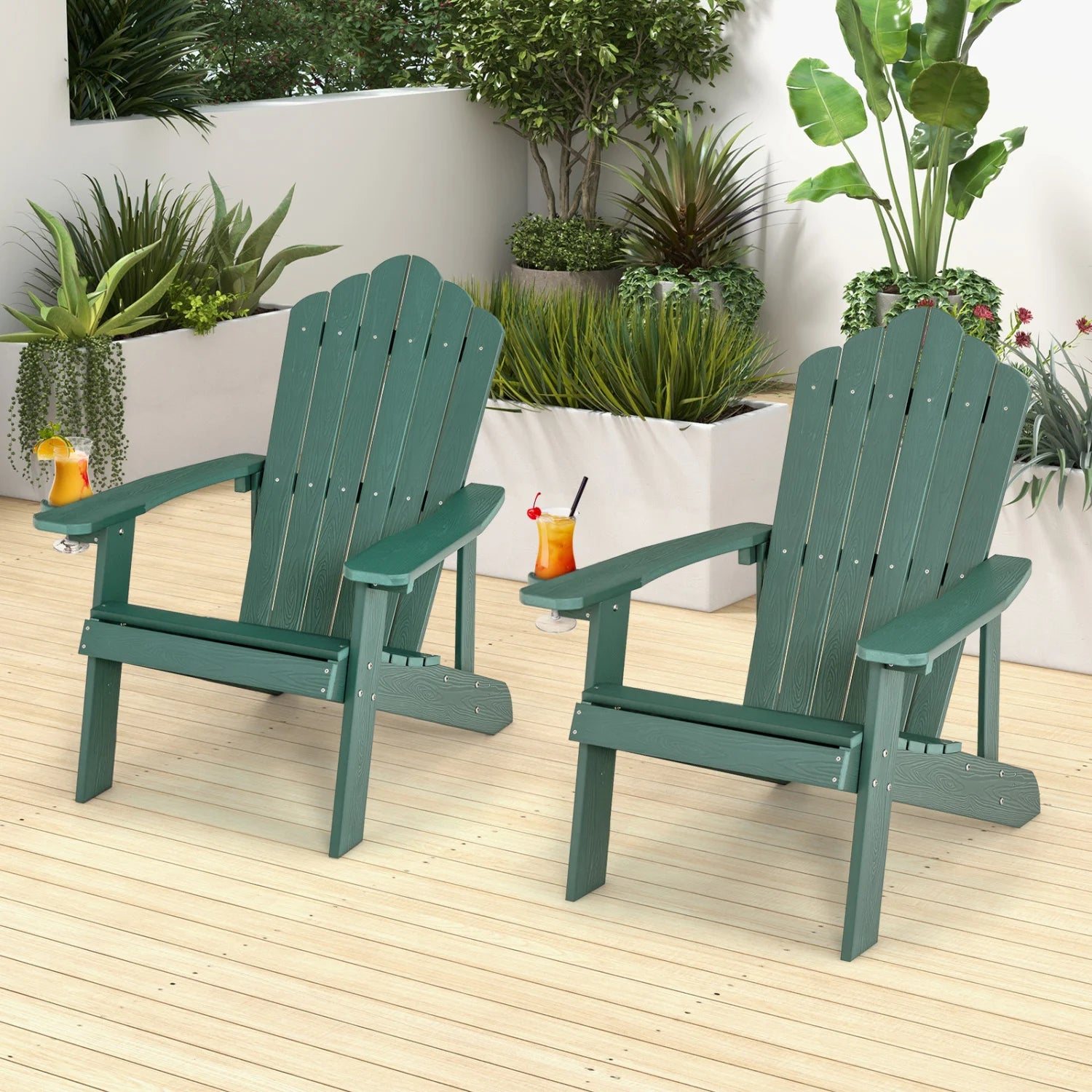 Two black Adirondack chairs set by Wilsons Home Store, ergonomic outdoor patio seating for porch and backyard.