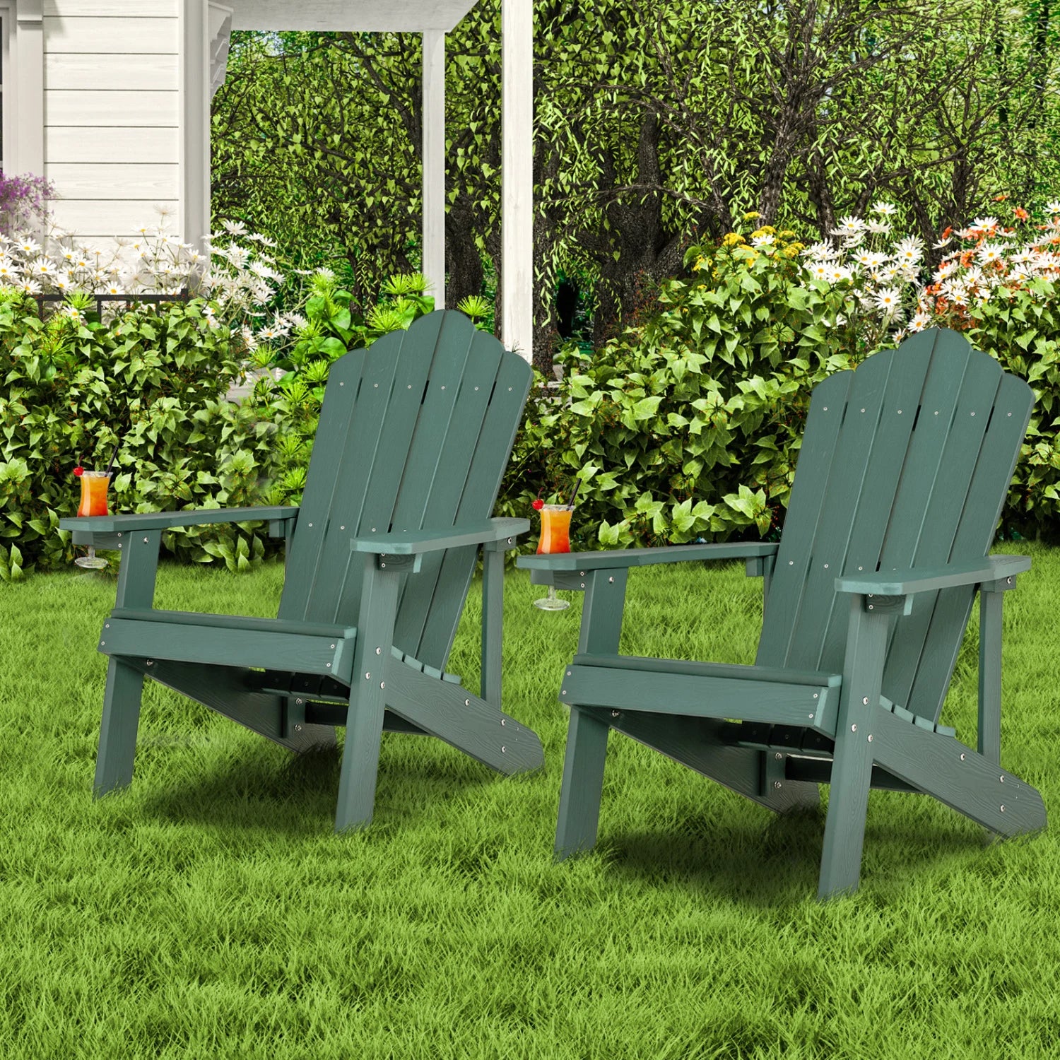 Two black Adirondack chairs from Wilsons Home Store, ergonomic outdoor seating set for porch and backyard relaxation.