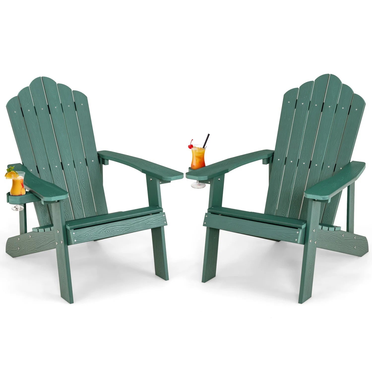 Set of two black Adirondack chairs with ergonomic design, outdoor patio seating for porch or backyard relaxation.
